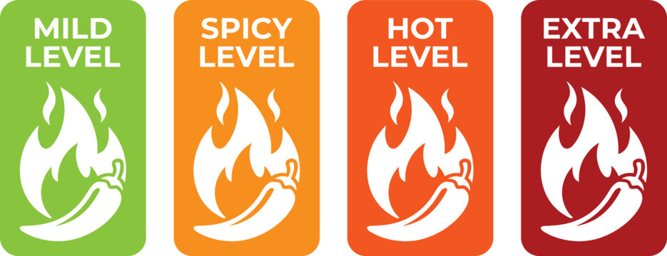 Spiciness level label icon set, stylized chili-flame graphics for food packaging, heat indicators, and culinary branding themes