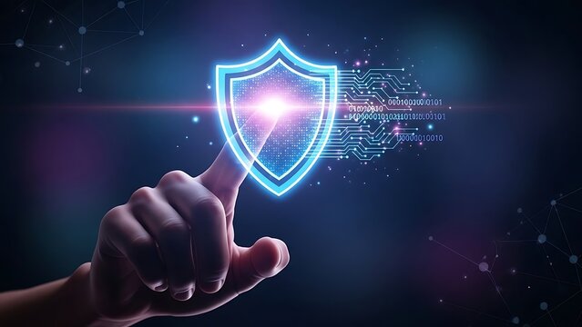 Cybersecurity expert activating data protection shield icon on interface.