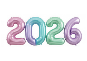 Colorful 2026 number balloons isolated on transparent background