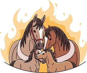 Horse Family Embrace Illustration with Two Adults and Two Foals in Warm, Stylized Background