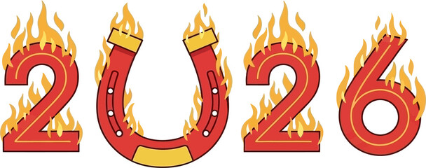 2026 New Year design featuring a fiery lucky red horseshoe, symbolizing prosperity and a fresh start.
