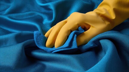 Person wearing a protective glove wipes a richly textured, bright blue fabric surface