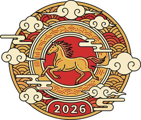 Chinese New Year 2026 Golden Horse Design with Traditional Clouds and Waves