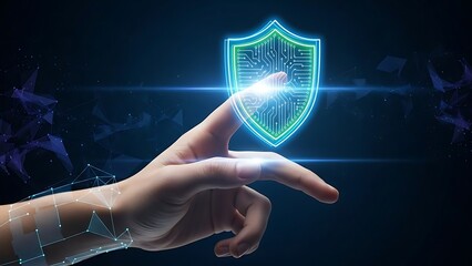 Hand touching digital shield, data privacy, and cybersecurity concept.