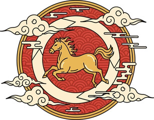 Golden Horse Running in Traditional Asian Circle with Clouds and Seigaiha Pattern, Lunar New Year Zodiac