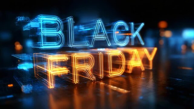 A vibrant and dynamic digital display featuring the phrase Black Friday in illuminated neon text, showcasing the exciting energy of a major shopping event with a modern design.