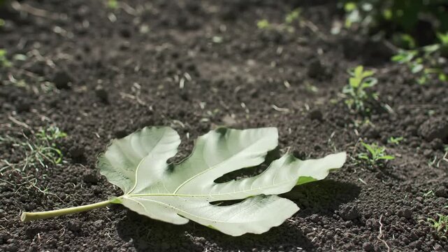 Fig leaf on dark soil, organic garden setting, green leaf, nature, plant.