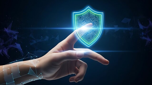 Hand touching digital shield, data privacy, and cybersecurity concept. - Powered by Adobe