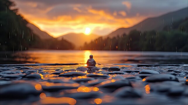 A person is meditating in the water during a beautiful sunset with rain. The image shows a serene and peaceful scene with mountains in the background.