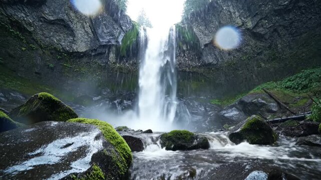 Low-angle moody shot of Ramona Falls under overcast sky, dark moss and wet rocks shimmering, soft rainfall adding extra texture, atmospheric dramatic tone