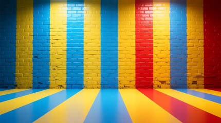 Vibrant colorful vertical stripes painted on brick wall with matching floor stripes creating depth