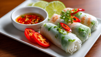 Close up shot of fresh spring rolls with shrimp, herbs, and chili served with dipping sauce