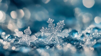 Ultra-detailed macro of intricate snowflakes on a frosty icy surface with dramatic cool lighting and textured crystalline patterns.