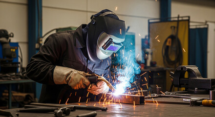 A professional welder wearing protective gear works in an industrial workshop