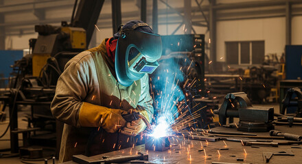 A professional welder wearing protective gear works in an industrial workshop