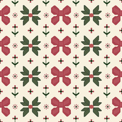 
Scandinavian Folk Art Floral Seamless Vector Pattern Red Green