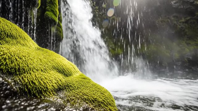 Low-angle slow-motion capture of Ramona Falls, water droplets exploding in mid-air, moss glowing under soft diffused light, ultra-detailed close-up atmosphere