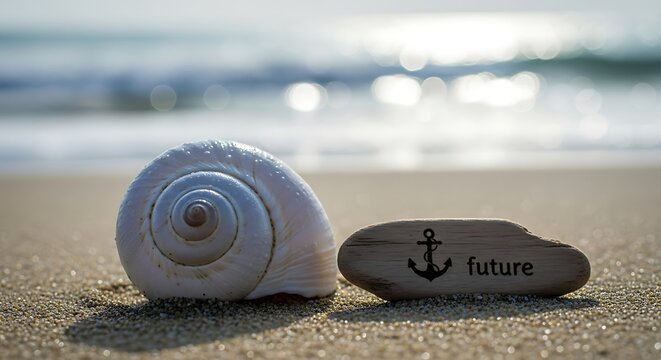 Seashell and a piece of driftwood on a sandy beach conceptual image representing future and nautical themes with a calm ocean backdrop