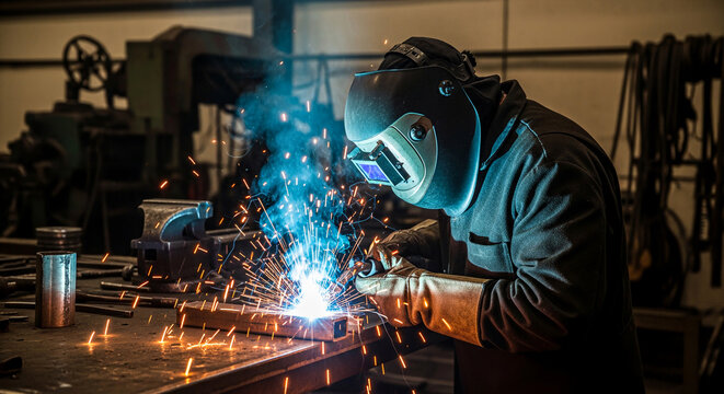 A professional welder wearing protective gear works in an industrial workshop - Powered by Adobe