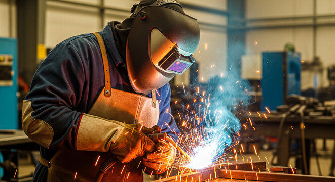 A professional welder wearing protective gear works in an industrial workshop