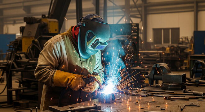 A professional welder wearing protective gear works in an industrial workshop - Powered by Adobe