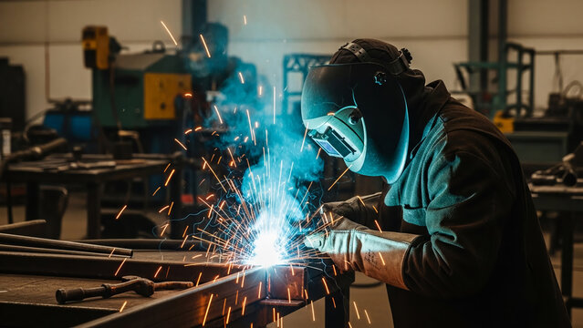 A professional welder wearing protective gear works in an industrial workshop