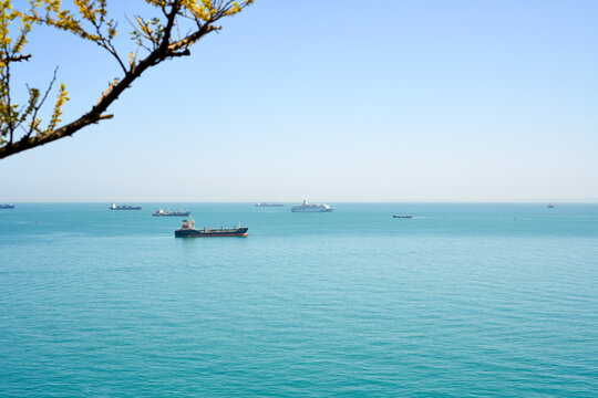Ships Sailing on Calm Blue Waters Under Clear Sky