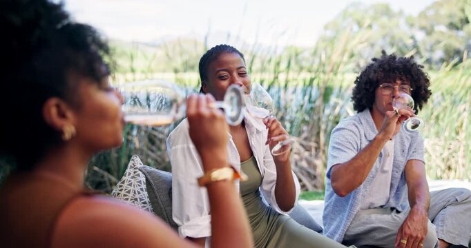 Friends, talk outdoor or drinking wine with smile for social gathering, connection and bonding together. People, laughing and sip alcohol in nature for funny conversation, gossip and summer vacation.