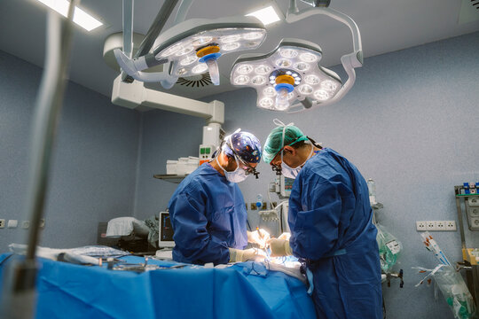 Surgeons performing delicate medical procedure in operating room - Powered by Adobe