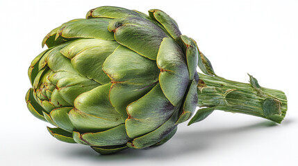 A close up shot of a fresh green artichoke with a stem on a clean white background surface