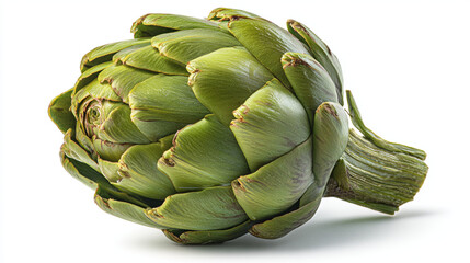 Obraz premium Close up shot of a single green artichoke with visible leaves on a white background studio shot