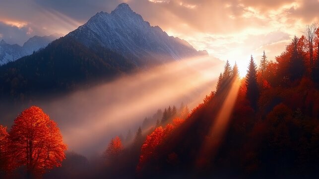 A majestic mountain landscape featuring vibrant autumn foliage, sunbeams, and a misty atmosphere.