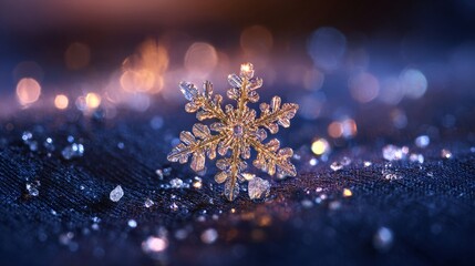 A stunning ultra macro shot of a delicate snowflake resting on dark textured fabric, illuminated by dramatic side lighting with soft bokeh and golden highlights.
