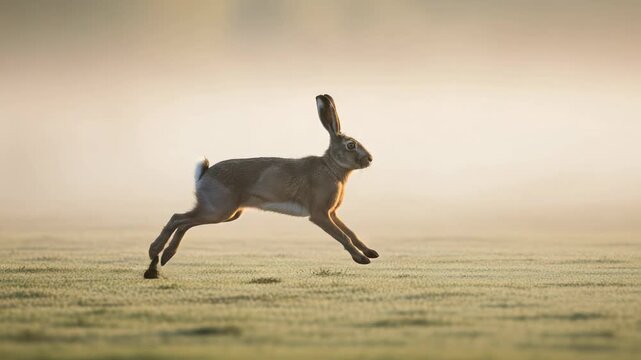 Dynamic sequence of a hare captured in mid-leap across a misty field, showcasing its agility