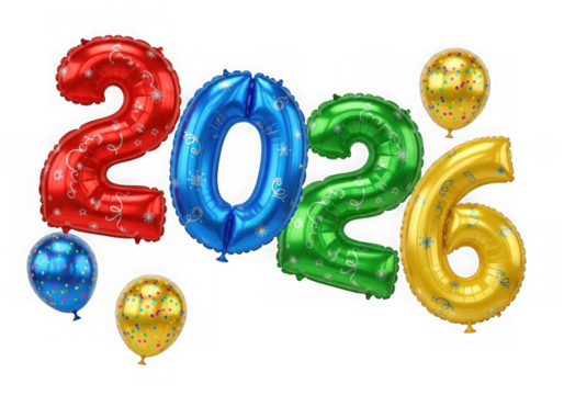 Colorful foil balloons spelling 2026 isolated on transparent background - Powered by Adobe