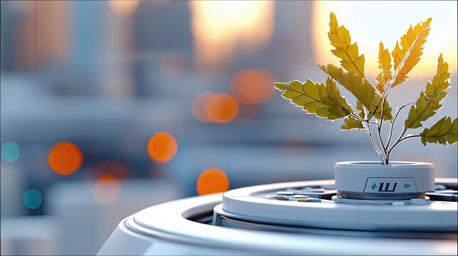 A plant growing out of a futuristic device with a blurred cityscape background at sunset.