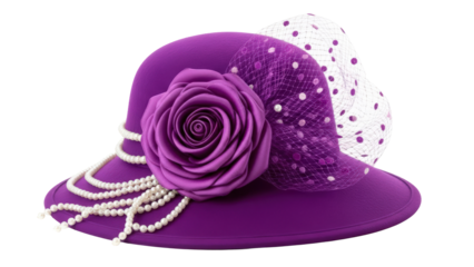 Elegant purple hat, fabric rose, draped pearls, polka dot veil fashion isolated on transparent background