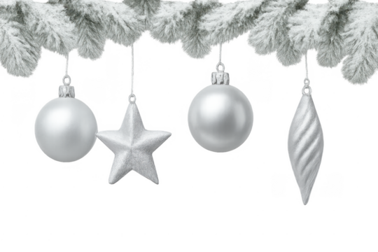 White christmas decorations hanging on snowy fir branch