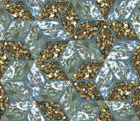 Watercolor sea landscape. Mosaic. Seamless pattern for web page, background of pebbles. Kerchief design or tablecloth print, scarf. For textile, cotton fabric. For wallpaper, shirts, linens.