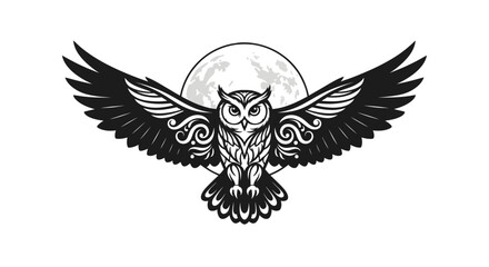 Elegant owl soars beneath the moon's glow, perfect for mystical designs and branding, conveying wisdom, freedom, and nocturnal beauty in black and white