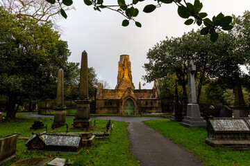 Old monuments and chapel at Flaybrick Cemetery, Birkenhead