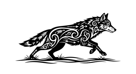 Tribal wolf design running wild with intricate black and white patterns for tattoo art or graphic elements, embodying strength and freedom in nature