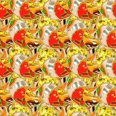 Tracery seamless pattern. Watercolor. Vegetarian Moussaka. Casserole. Circle, segment. Mosaic, illustration in stained glass style. Seamless chaotic pattern for wallpapers, textile. Oriental pattern.