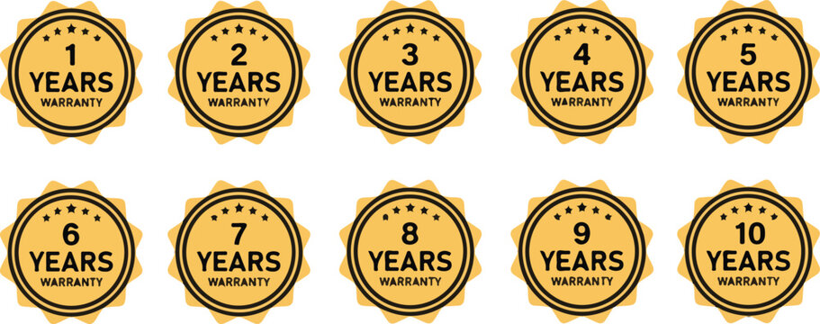 Warranty labels from 1 to 10 years isolated on, golden color, with stars and a circular design, ensuring product quality and reliability