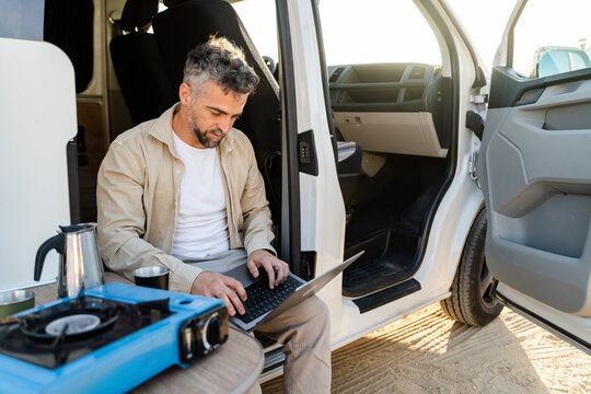 Remote work setup in camper van