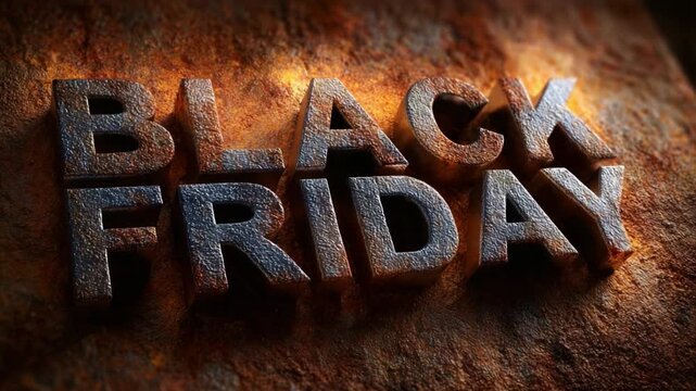 A striking visual representation of the phrase 'Black Friday', featuring bold, metallic letters against a textured, earthy background, symbolizing intense shopping excitement and discounts.