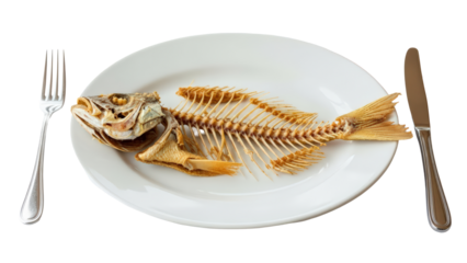 Fish skeleton on white plate with fork and knife after a meal isolated on transparent background