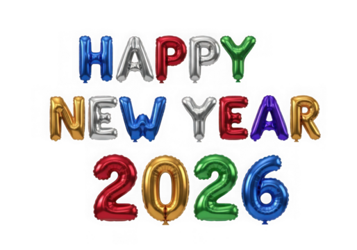 Happy new year 2026 balloon text isolated on transparent background