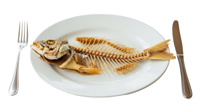 Fish skeleton on white plate with fork and knife after a meal isolated on transparent background