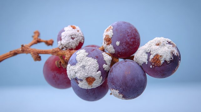 Cluster of purple fruit specimens showing visible signs of white fungal growth on stems